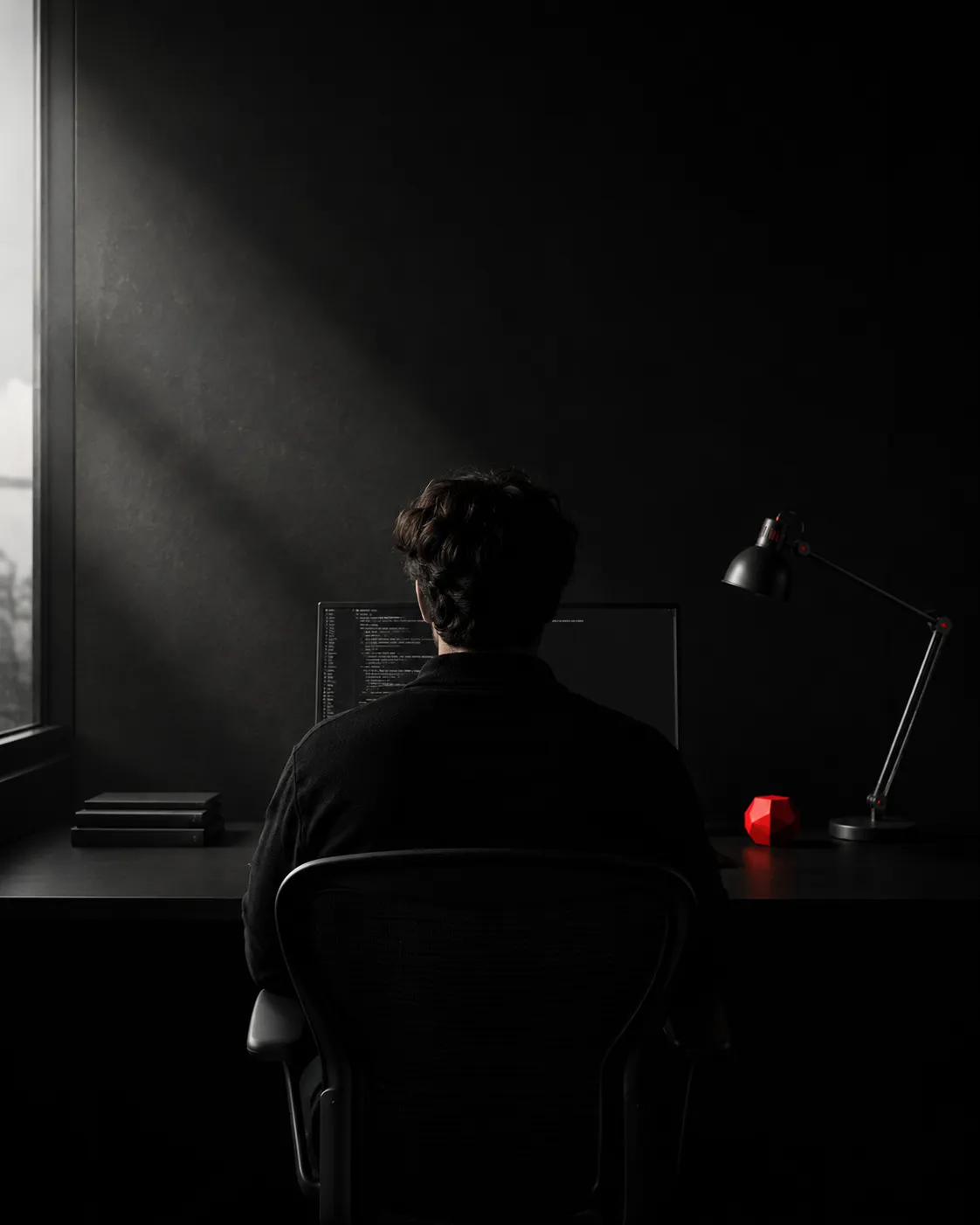 The founder at work in a dark studio